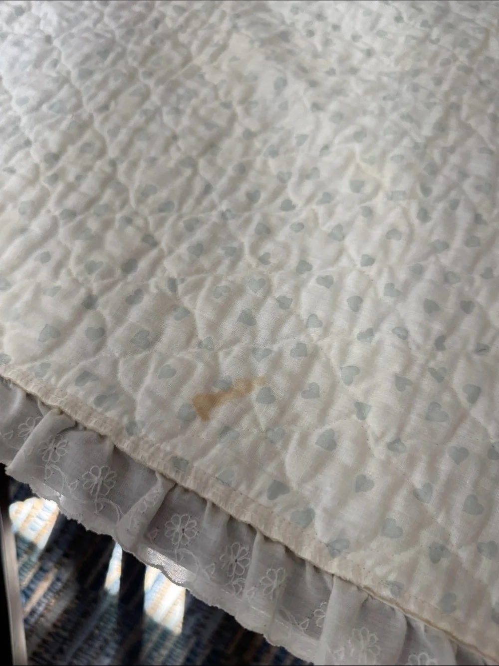 Vintage Yellow Precious Moments Baby Quilt w/ Ruffle Trim approx 45inX35&1/2in